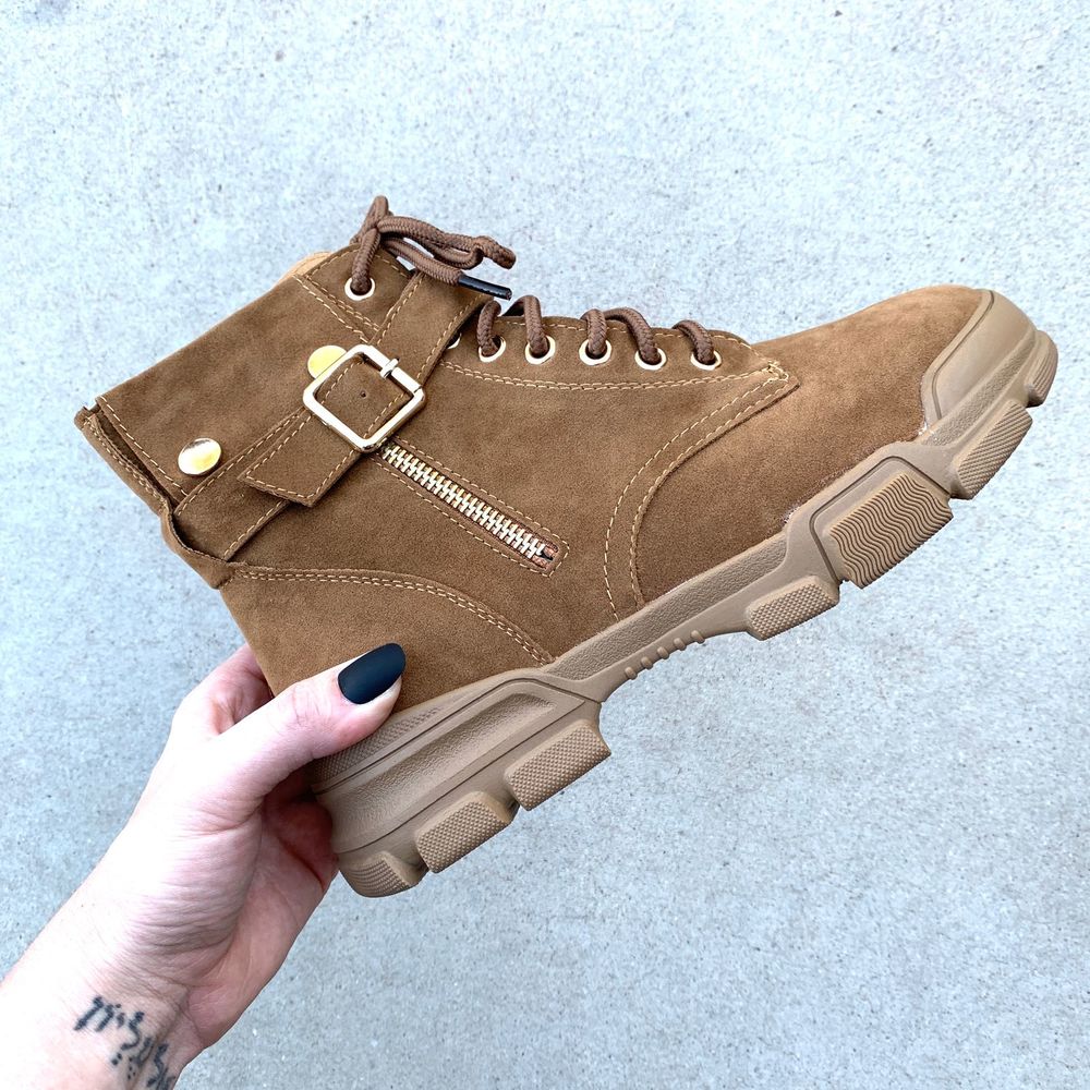 New Camel Brown Lace Zip Up Combat Moto Boots - Picture 4 of 7
